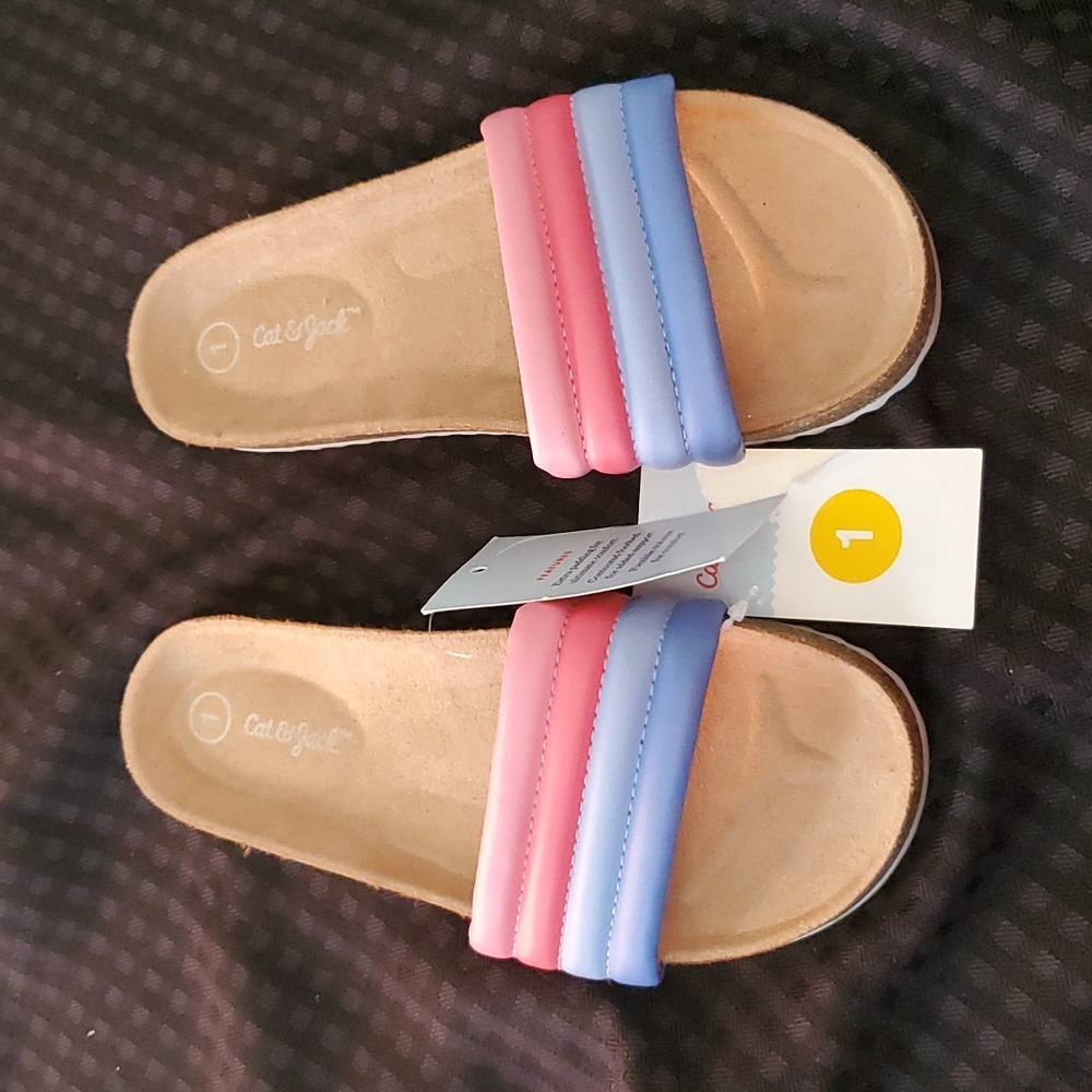 Cat & Jack, Selma, flip flops, size 1, pink, blue, extra padding for comfort